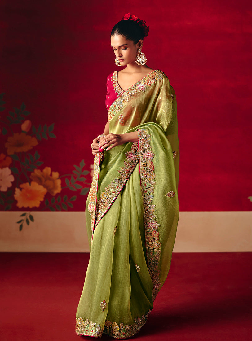 Monjolika Fashion Green Fancy Fabric Embroidered Thread Work Classic Saree | Grocsy