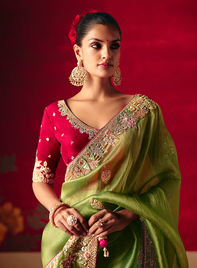 Monjolika Fashion Green Fancy Fabric Embroidered Thread Work Classic Saree | Grocsy