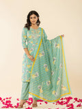 Yufta Sea Green Cotton Dori_Embroidery Straight Kurta Dupatta Pant Set | Grocsy