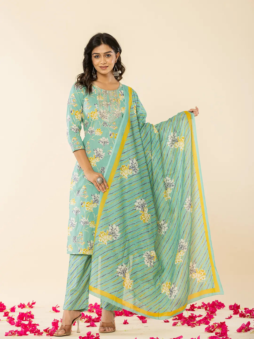 Yufta Sea Green Cotton Dori_Embroidery Straight Kurta Dupatta Pant Set | Grocsy