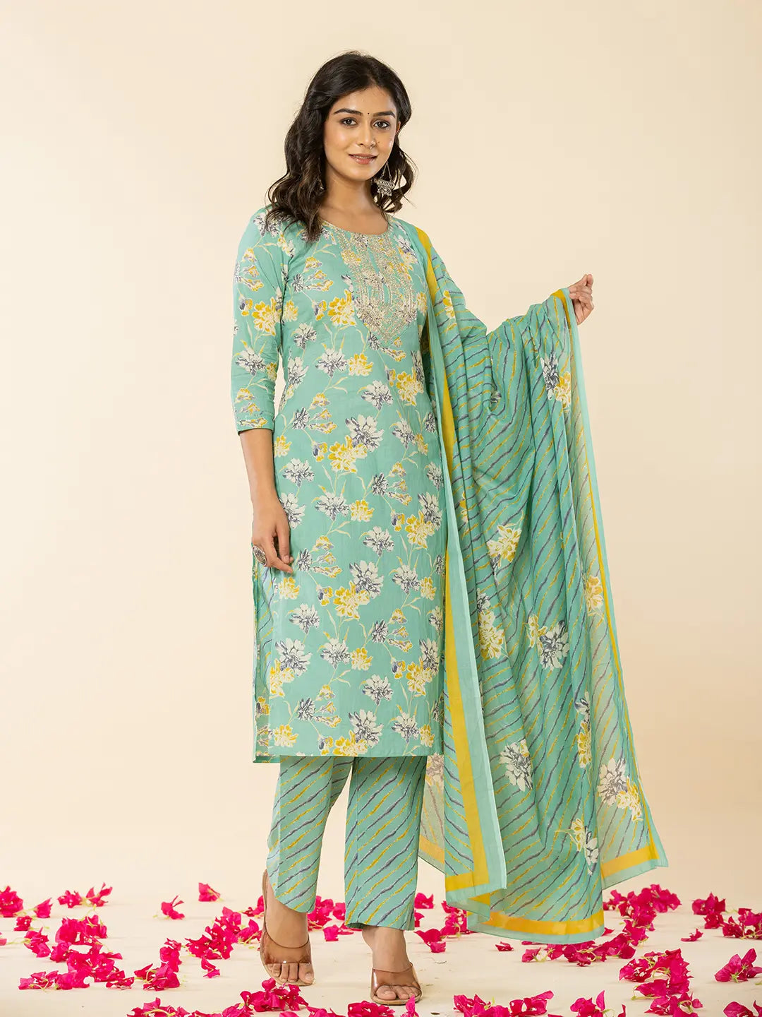 Yufta Sea Green Cotton Dori_Embroidery Straight Kurta Dupatta Pant Set | Grocsy