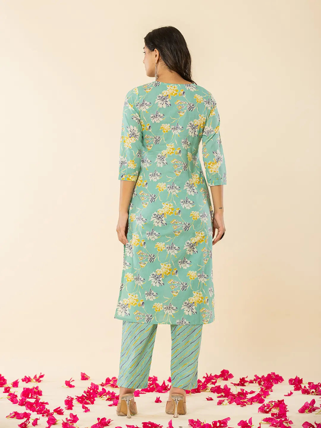 Yufta Sea Green Cotton Dori_Embroidery Straight Kurta Dupatta Pant Set | Grocsy