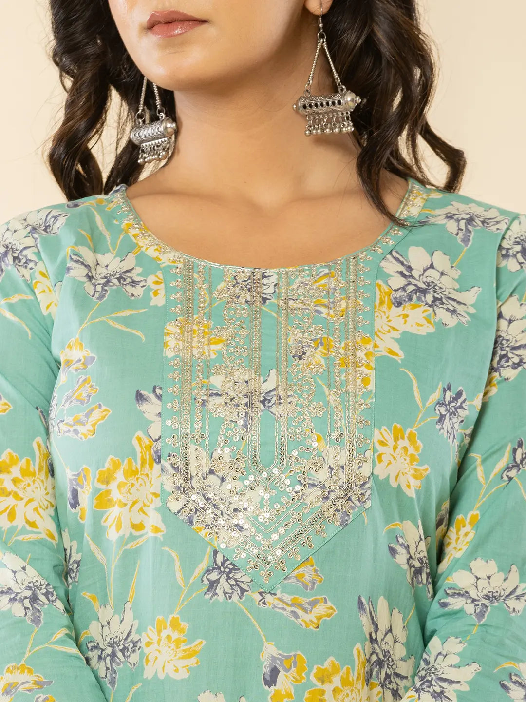 Yufta Sea Green Cotton Dori_Embroidery Straight Kurta Dupatta Pant Set | Grocsy