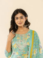 Yufta Sea Green Cotton Dori_Embroidery Straight Kurta Dupatta Pant Set | Grocsy
