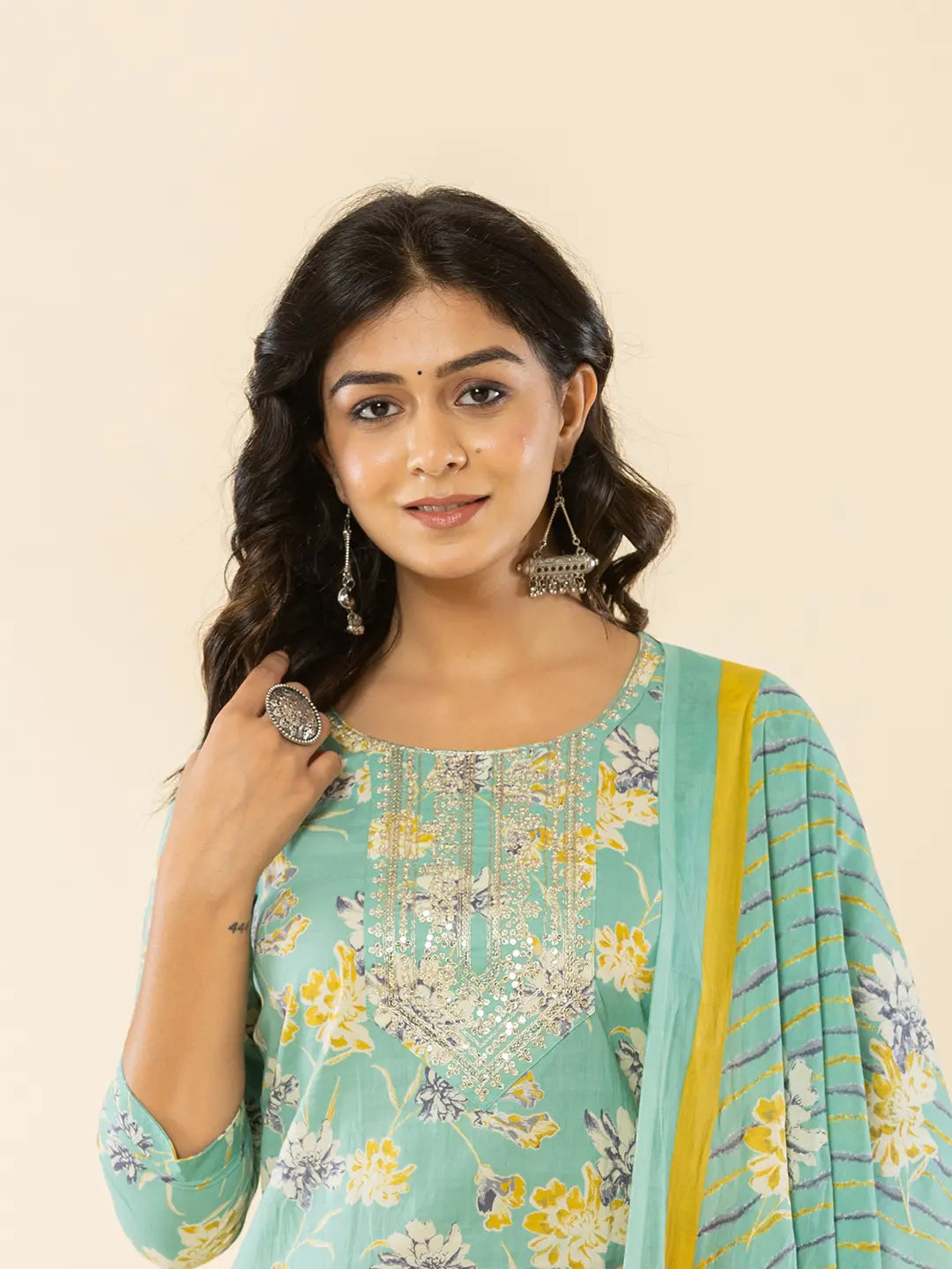 Yufta Sea Green Cotton Dori_Embroidery Straight Kurta Dupatta Pant Set | Grocsy