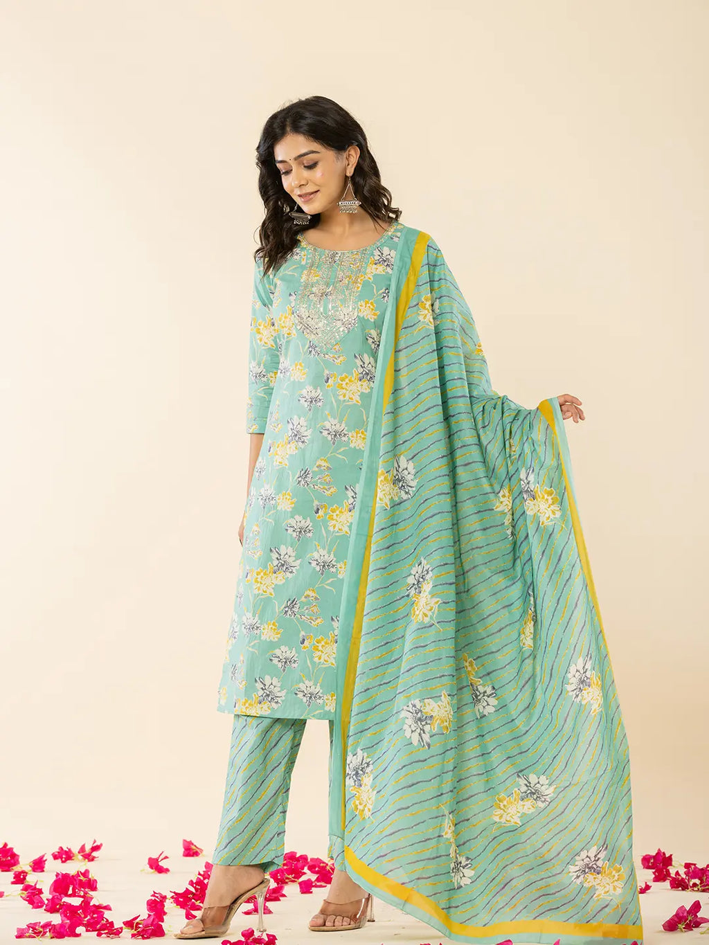 Yufta Sea Green Cotton Dori_Embroidery Straight Kurta Dupatta Pant Set | Grocsy