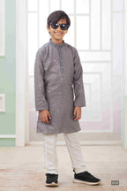 Raivat Ethnic Art Silk Embroidery Work Kids Kurta Pajama In Grey Colour | Grocsy