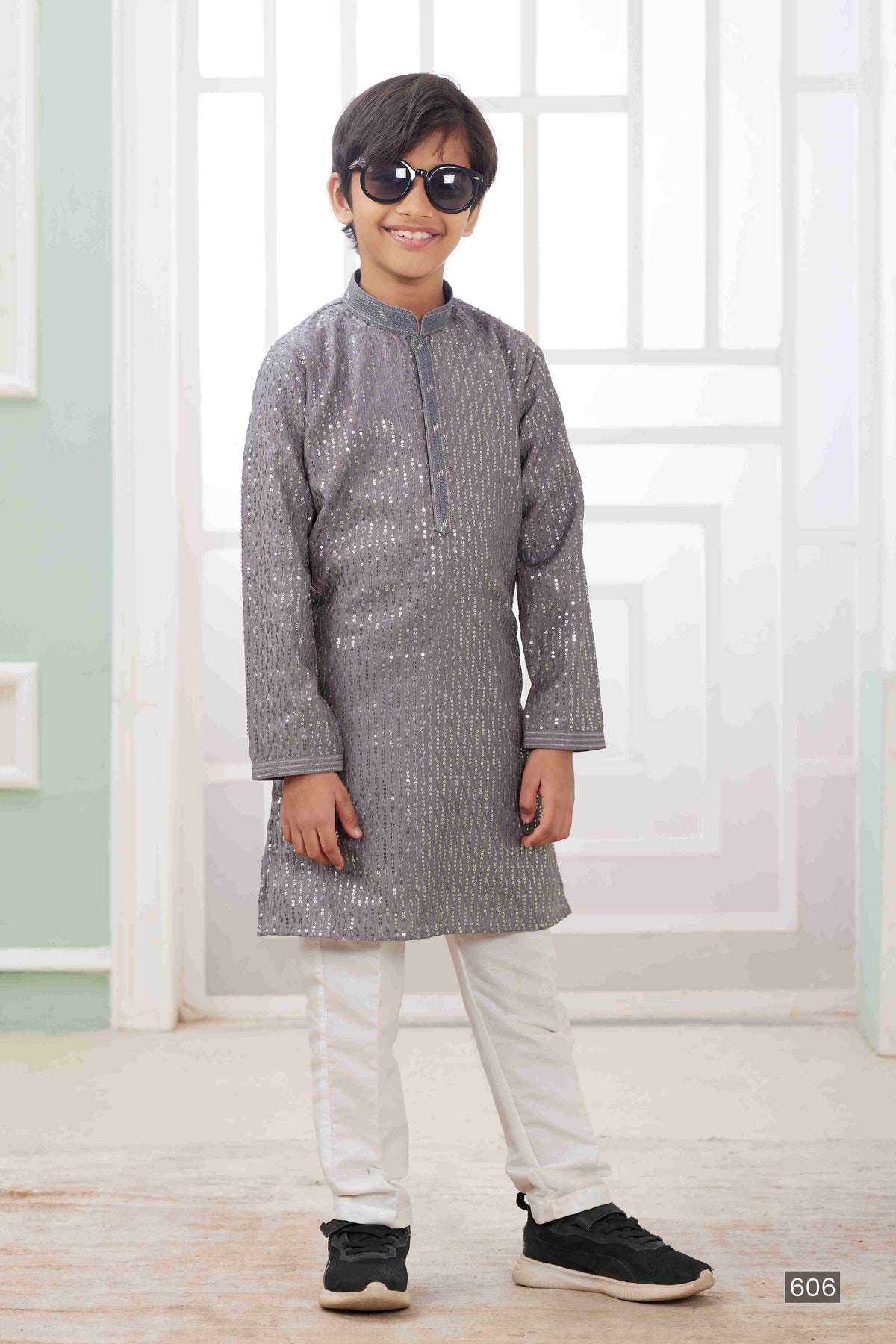Raivat Ethnic Art Silk Embroidery Work Kids Kurta Pajama In Grey Colour | Grocsy