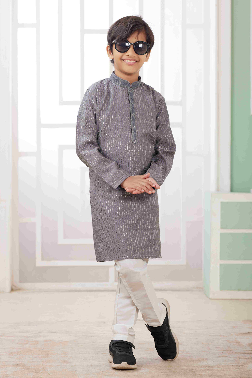 Raivat Ethnic Art Silk Embroidery Work Kids Kurta Pajama In Grey Colour | Grocsy
