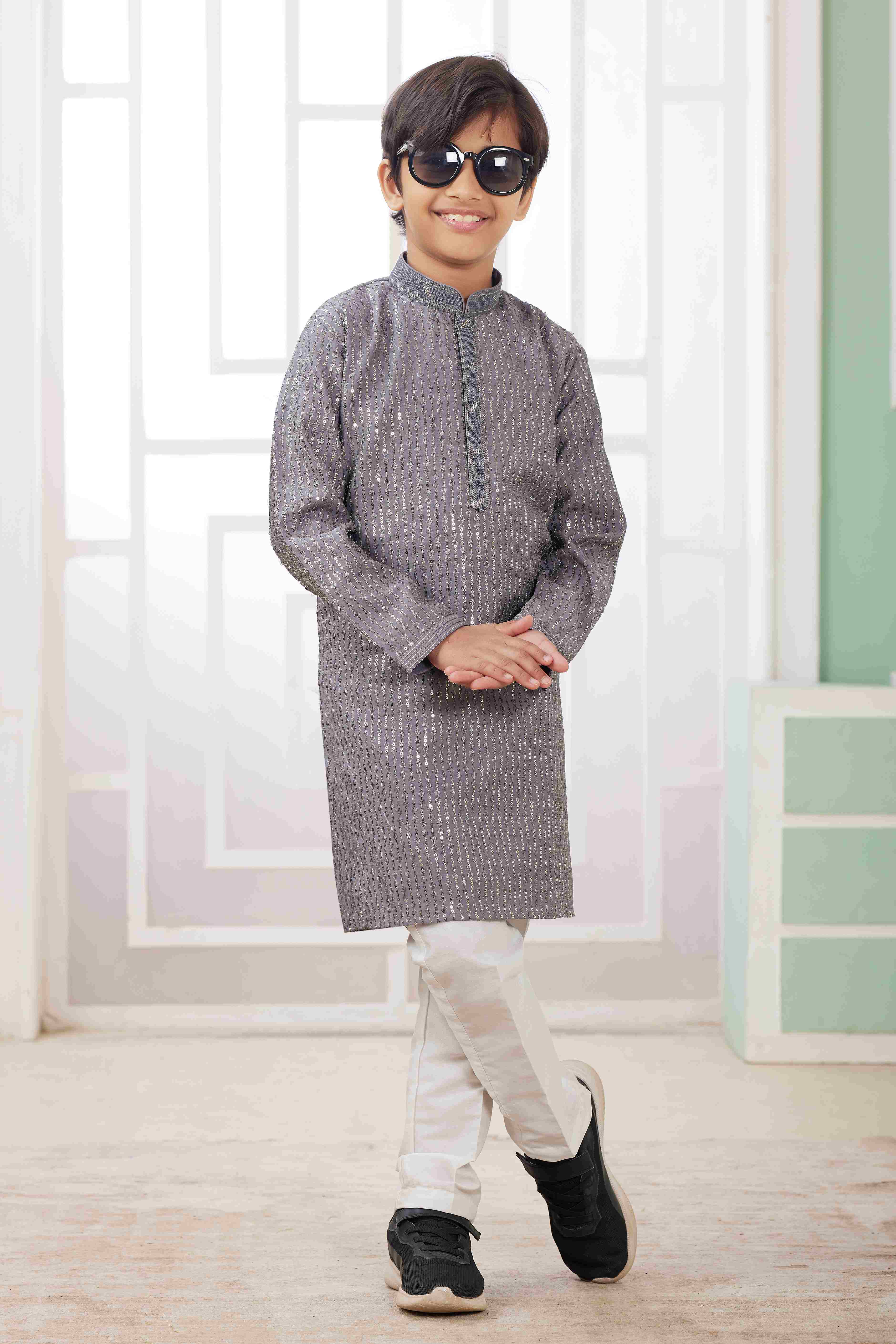 Raivat Ethnic Art Silk Embroidery Work Kids Kurta Pajama In Grey Colour | Grocsy