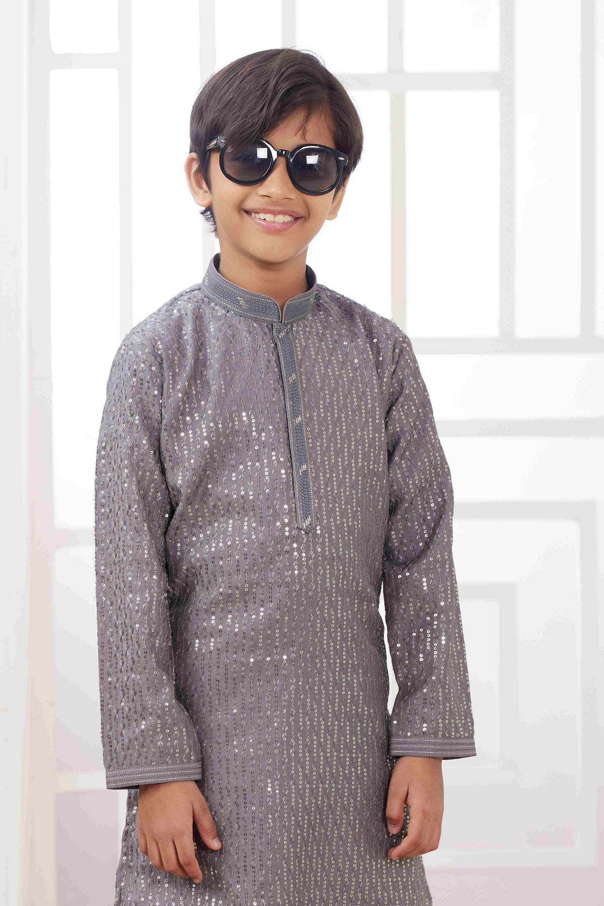 Raivat Ethnic Art Silk Embroidery Work Kids Kurta Pajama In Grey Colour | Grocsy