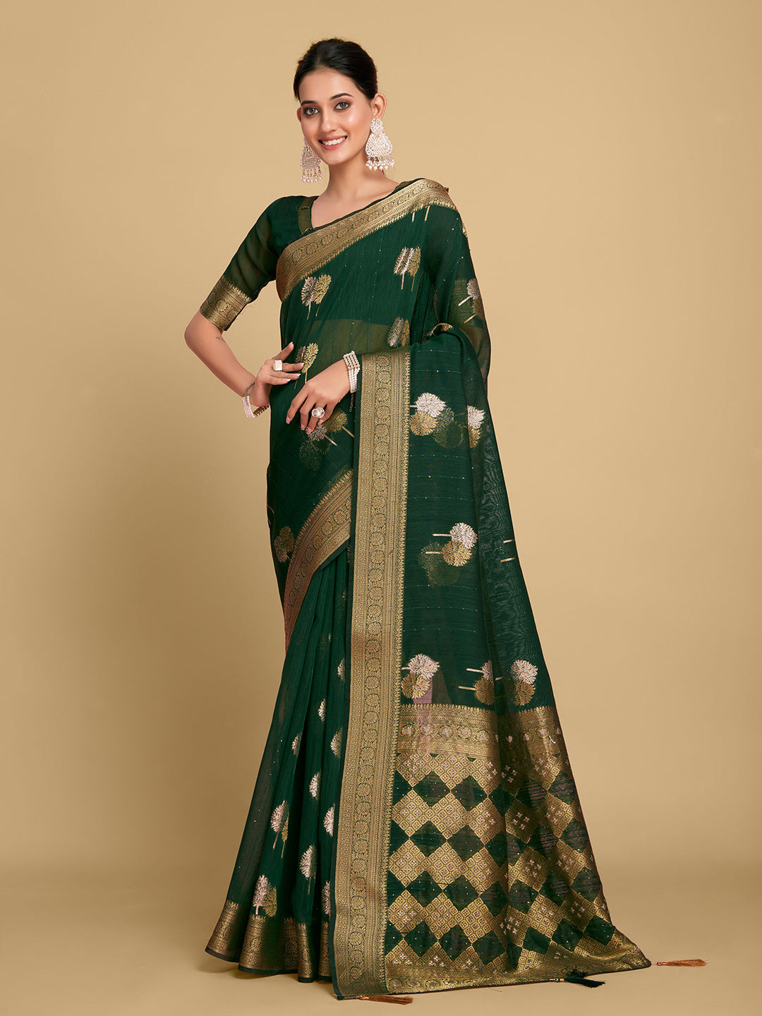 Sangria Green Ethnic Motifs Zari Linen Blend Saree | Grocsy