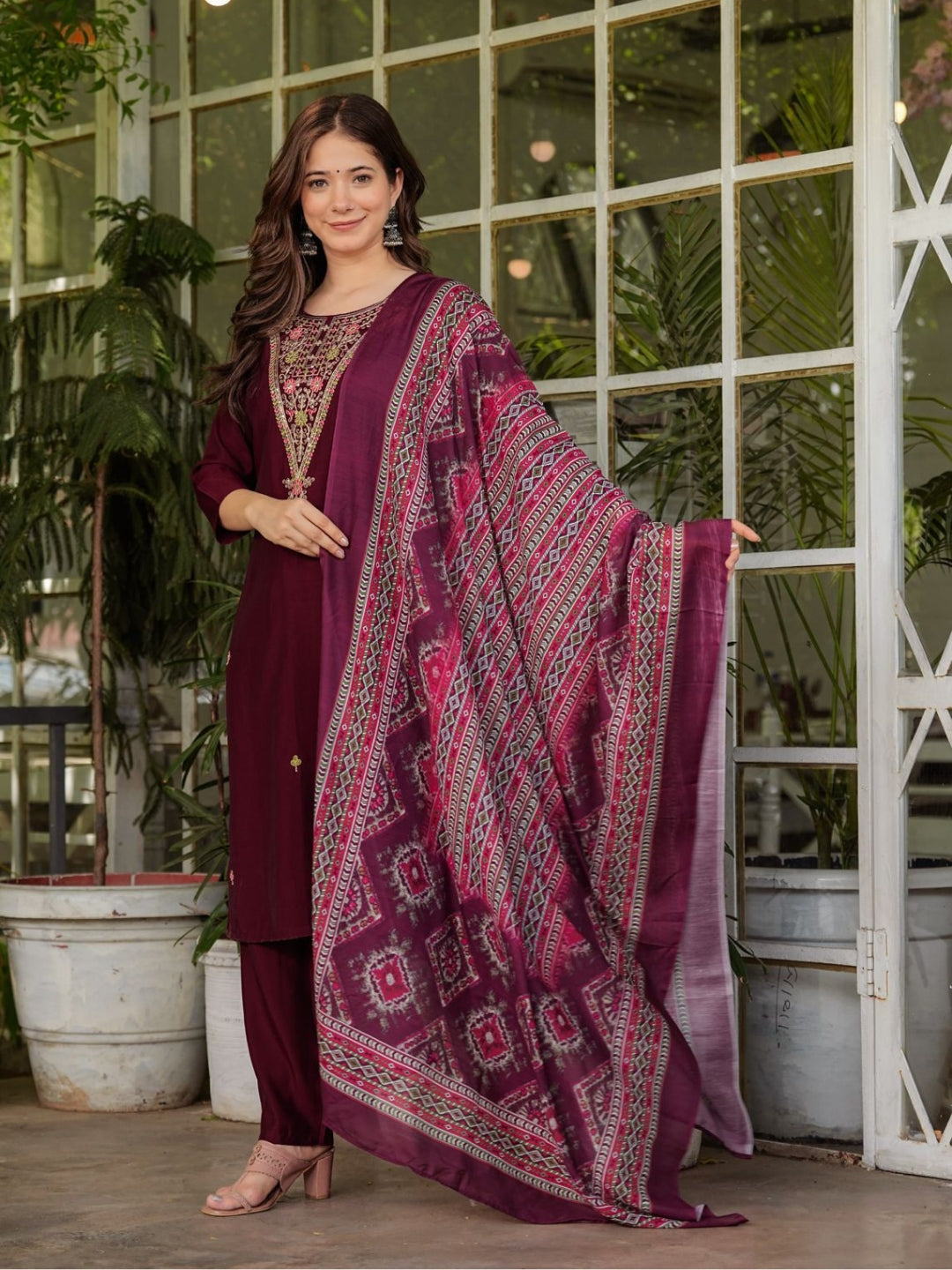 The52 Women's Gorgeous Rayon Slub Embroidery Straight Kurta with Pant And Dupatta Set | Grocsy