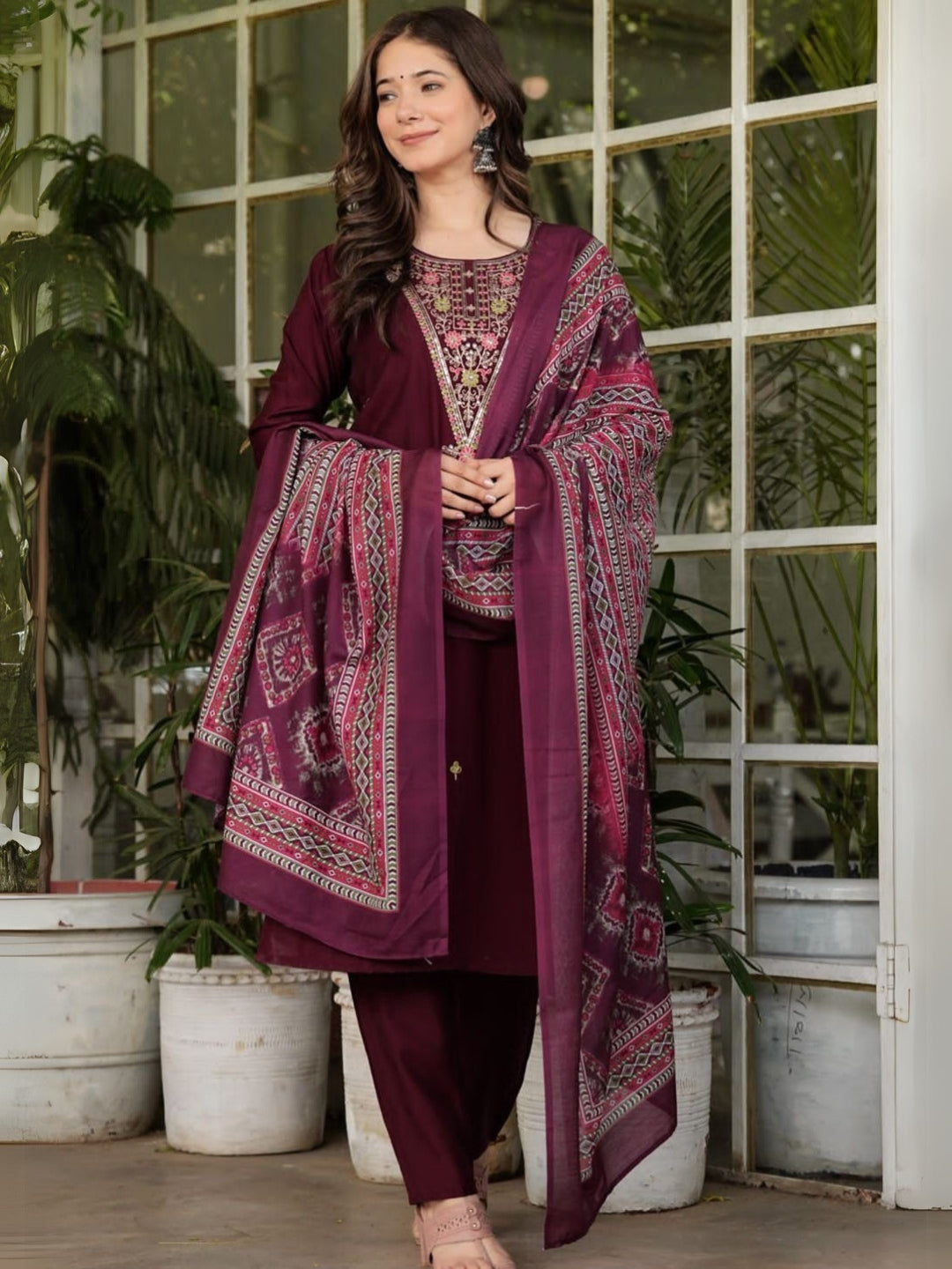 The52 Women's Gorgeous Rayon Slub Embroidery Straight Kurta with Pant And Dupatta Set | Grocsy
