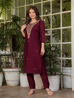 The52 Women's Gorgeous Rayon Slub Embroidery Straight Kurta with Pant And Dupatta Set | Grocsy