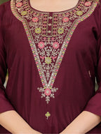 The52 Women's Gorgeous Rayon Slub Embroidery Straight Kurta with Pant And Dupatta Set | Grocsy
