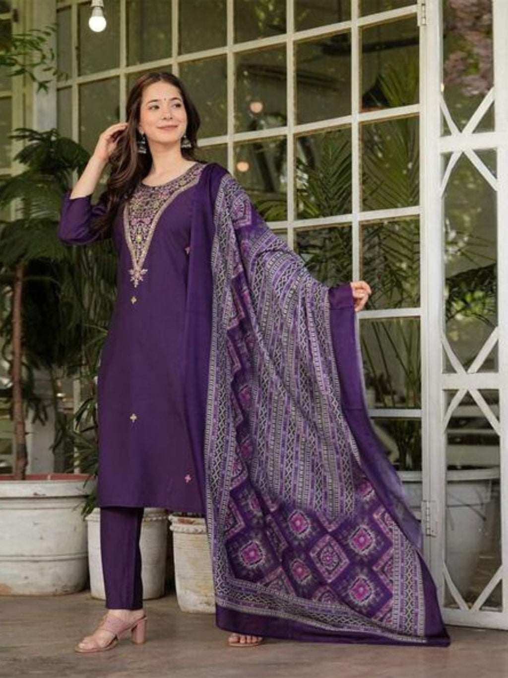 The52 Women's Gorgeous Rayon Slub Embroidery Straight Kurta with Pant And Dupatta Set | Grocsy