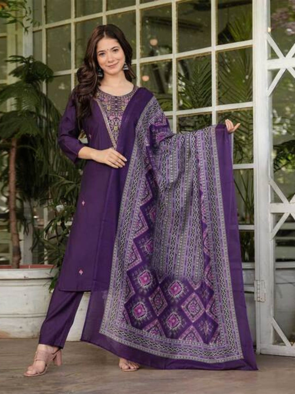 The52 Women's Gorgeous Rayon Slub Embroidery Straight Kurta with Pant And Dupatta Set | Grocsy