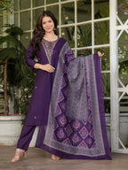 The52 Women's Gorgeous Rayon Slub Embroidery Straight Kurta with Pant And Dupatta Set | Grocsy