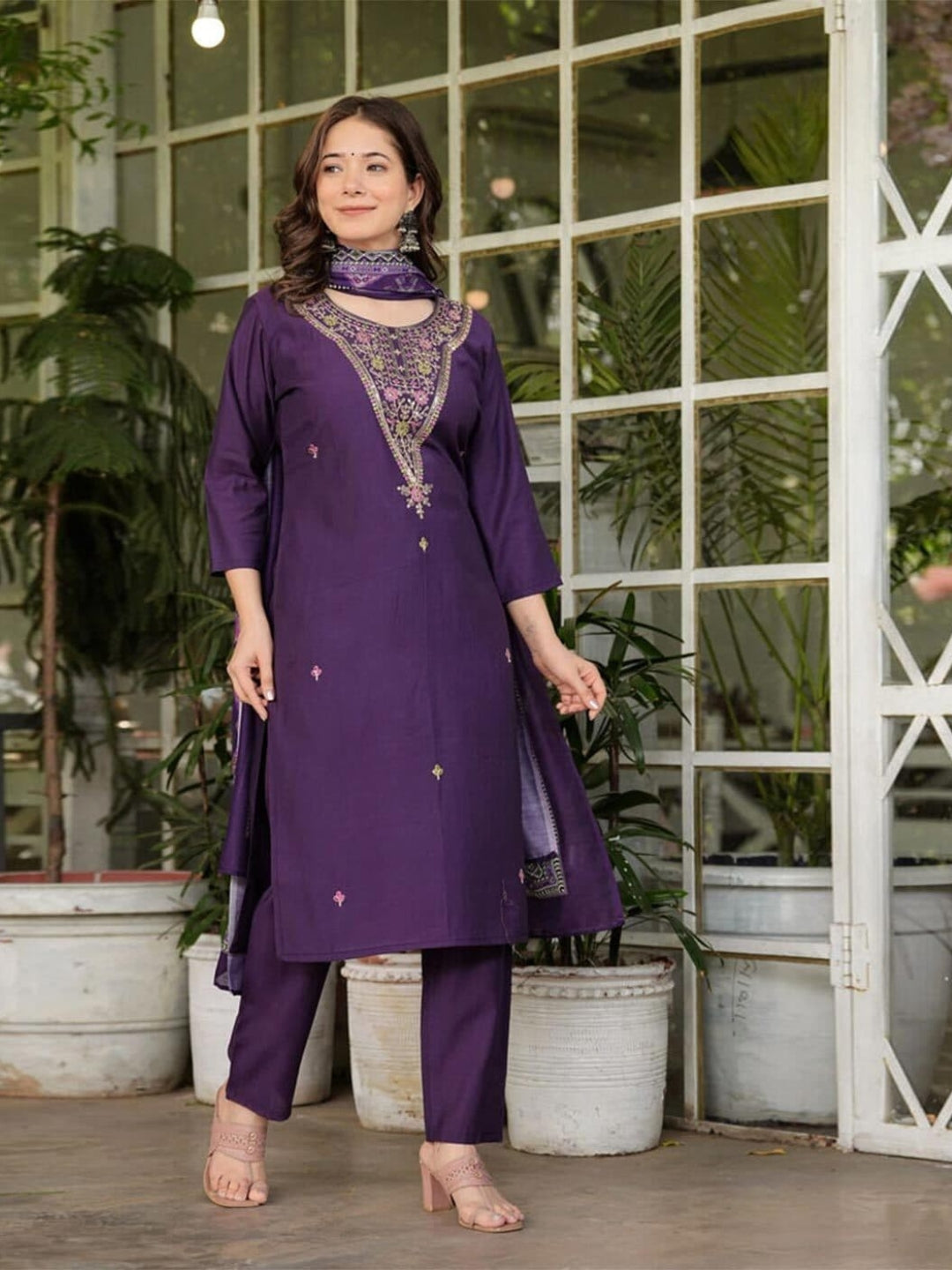 The52 Women's Gorgeous Rayon Slub Embroidery Straight Kurta with Pant And Dupatta Set | Grocsy