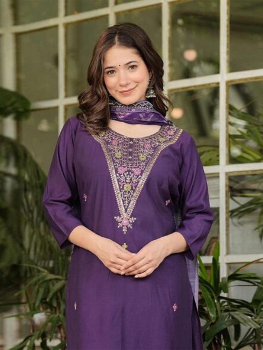 The52 Women's Gorgeous Rayon Slub Embroidery Straight Kurta with Pant And Dupatta Set | Grocsy