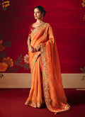 Monjolika Fashion Rust Fancy Fabric Embroidered Thread Work Classic Saree | Grocsy