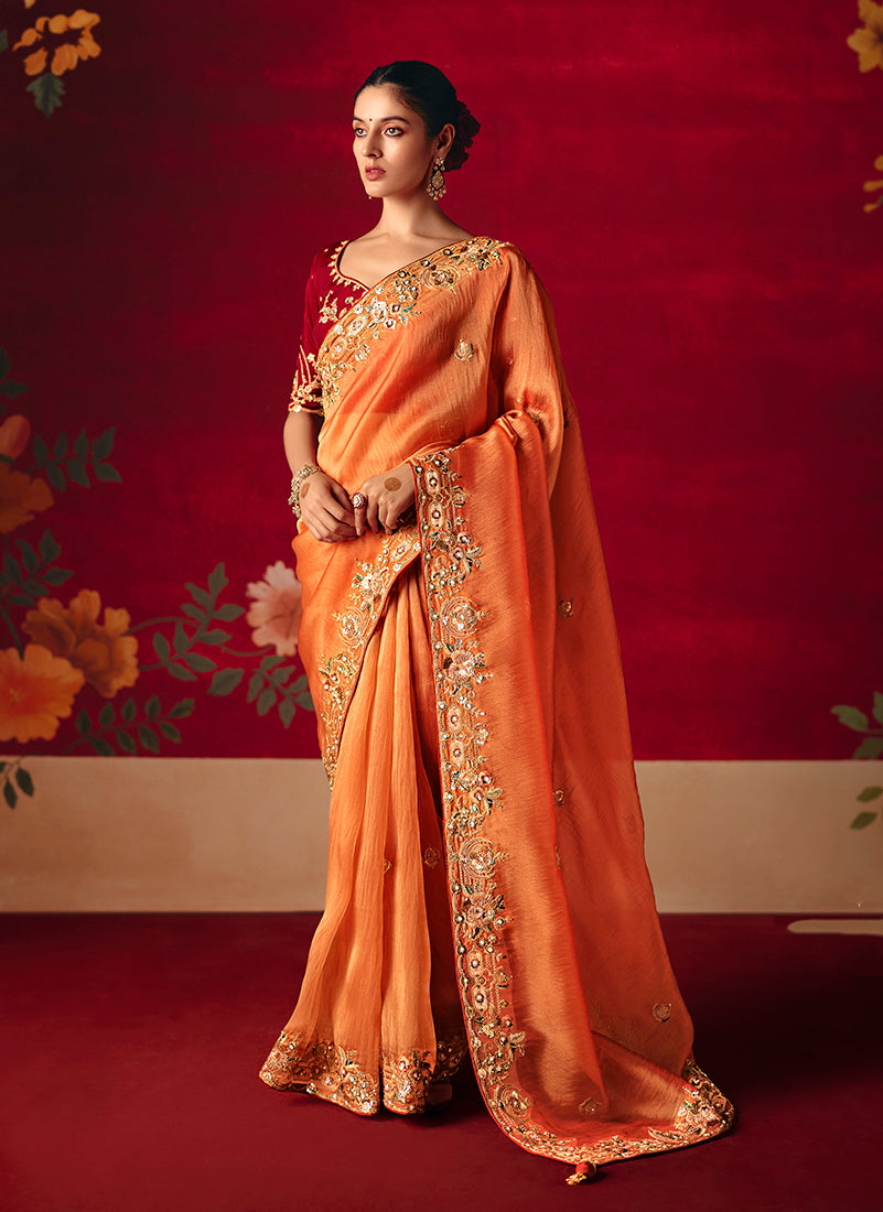 Monjolika Fashion Rust Fancy Fabric Embroidered Thread Work Classic Saree | Grocsy