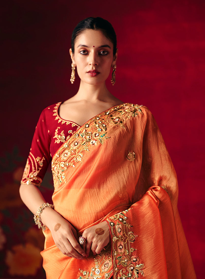 Monjolika Fashion Rust Fancy Fabric Embroidered Thread Work Classic Saree | Grocsy