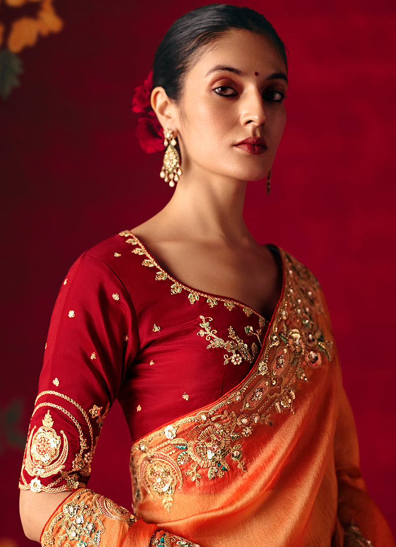Monjolika Fashion Rust Fancy Fabric Embroidered Thread Work Classic Saree | Grocsy