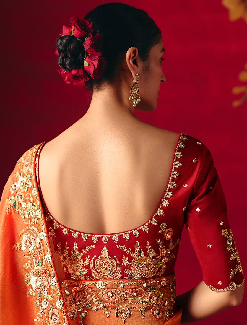 Monjolika Fashion Rust Fancy Fabric Embroidered Thread Work Classic Saree | Grocsy