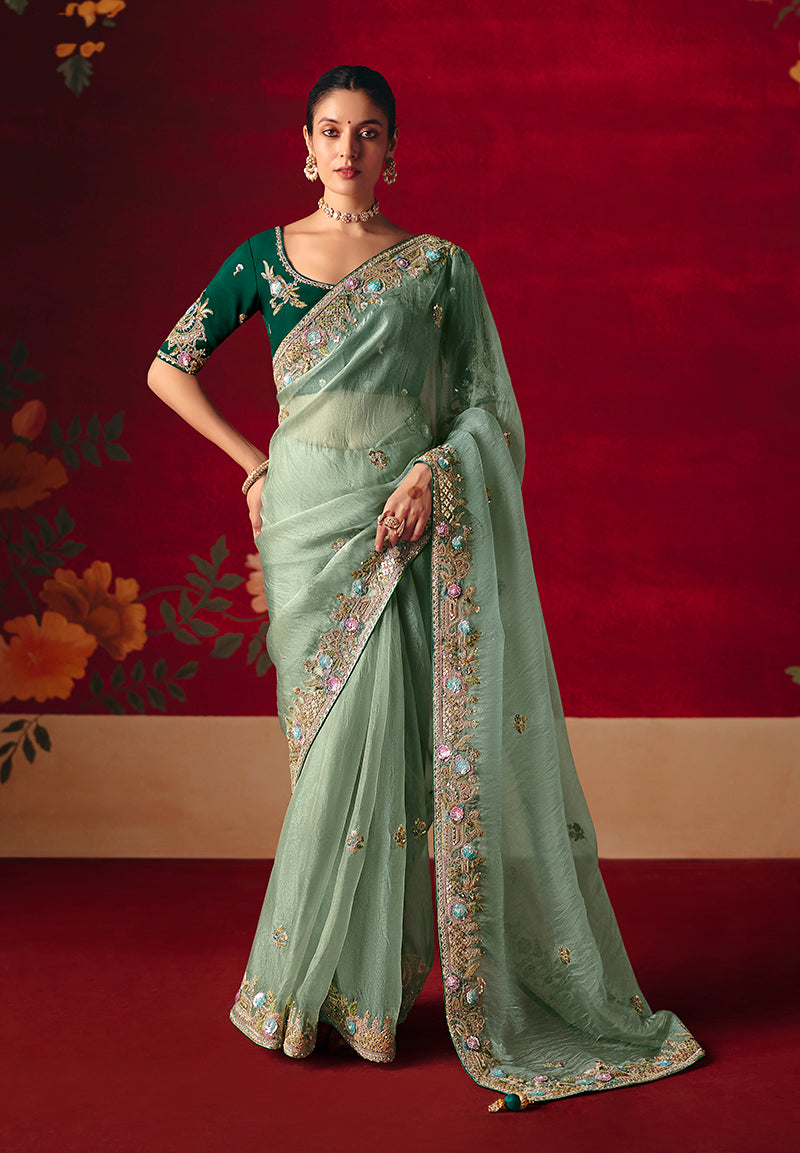 Monjolika Fashion Sea Green Fancy Fabric Embroidered Thread Work Classic Saree | Grocsy