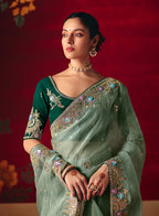 Monjolika Fashion Sea Green Fancy Fabric Embroidered Thread Work Classic Saree | Grocsy