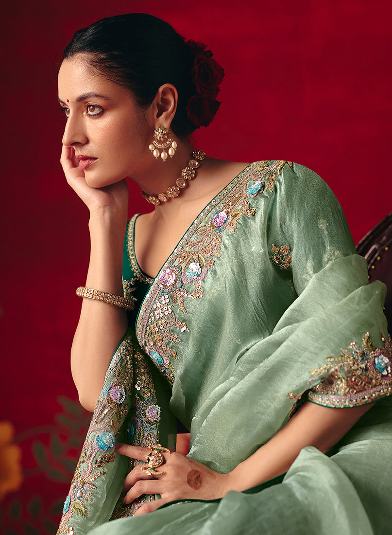 Monjolika Fashion Sea Green Fancy Fabric Embroidered Thread Work Classic Saree | Grocsy