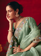 Monjolika Fashion Sea Green Fancy Fabric Embroidered Thread Work Classic Saree | Grocsy