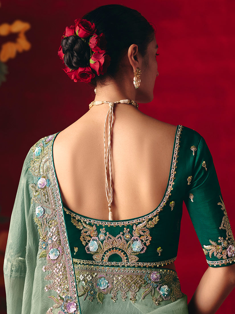 Monjolika Fashion Sea Green Fancy Fabric Embroidered Thread Work Classic Saree | Grocsy