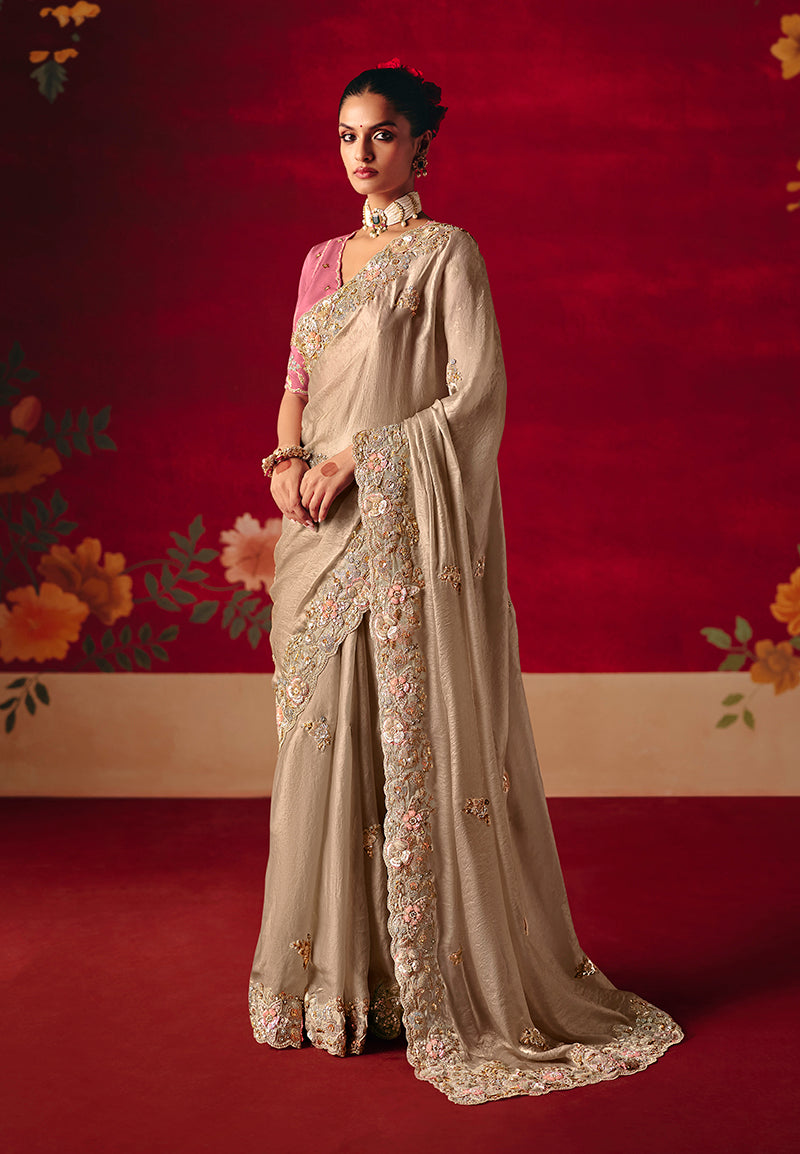 Monjolika Fashion Beige Fancy Fabric Embroidered Thread Work Classic Saree | Grocsy