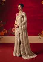 Monjolika Fashion Beige Fancy Fabric Embroidered Thread Work Classic Saree | Grocsy