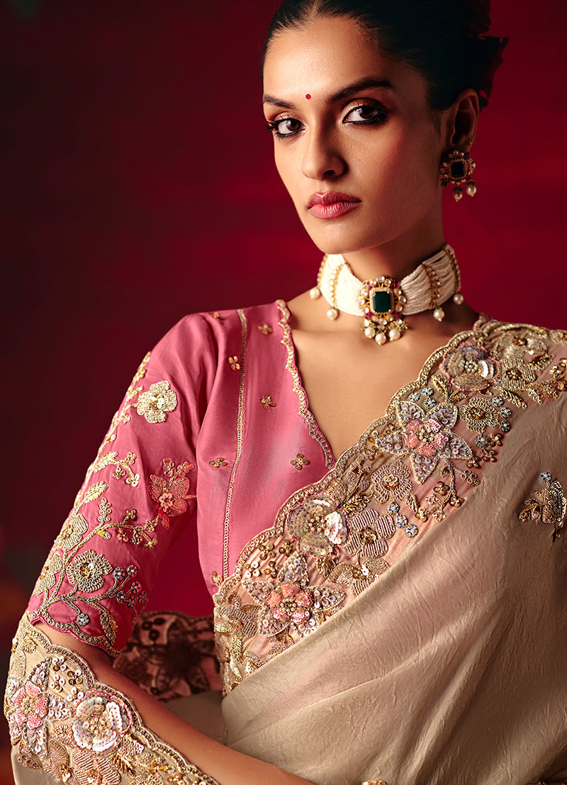 Monjolika Fashion Beige Fancy Fabric Embroidered Thread Work Classic Saree | Grocsy