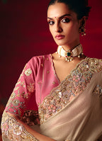 Monjolika Fashion Beige Fancy Fabric Embroidered Thread Work Classic Saree | Grocsy