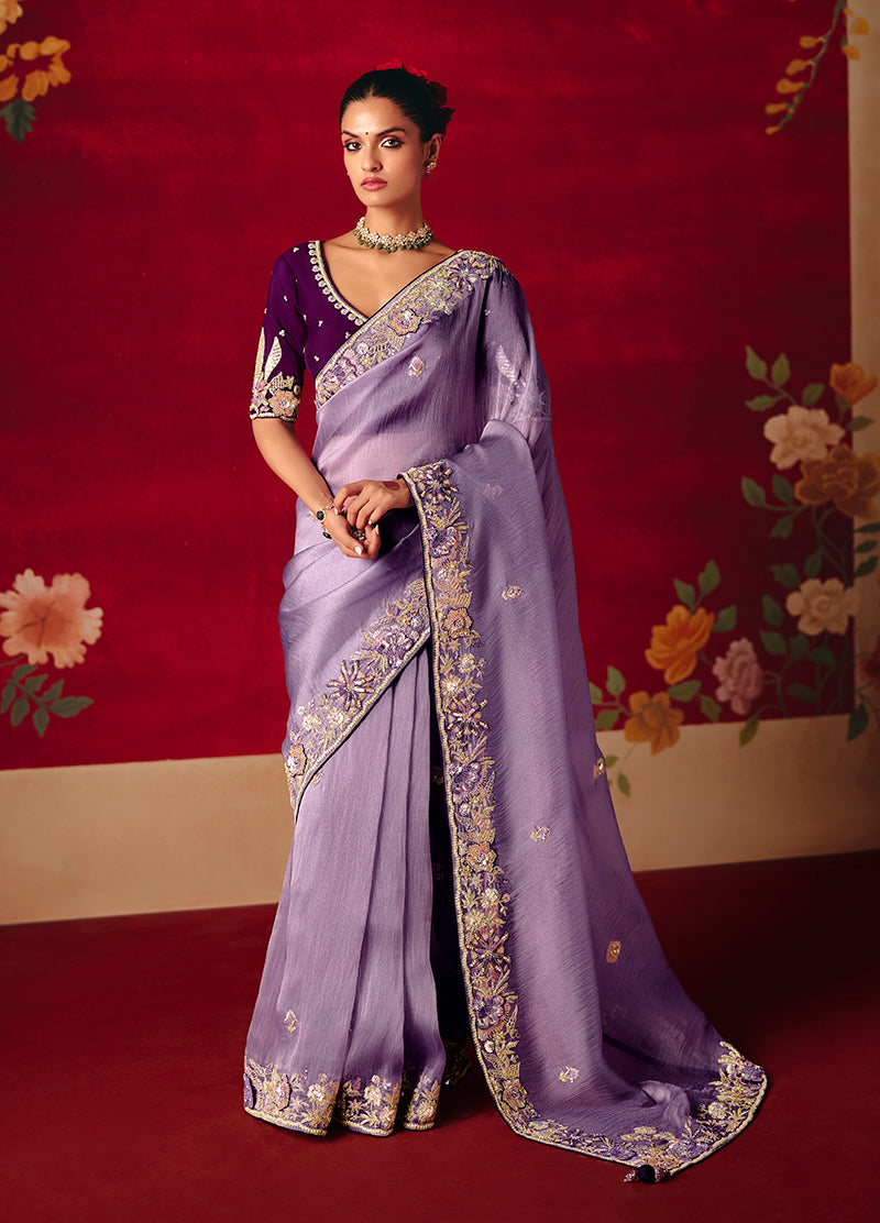 Monjolika Fashion Lavender Fancy Fabric Embroidered Thread Work Classic Saree | Grocsy