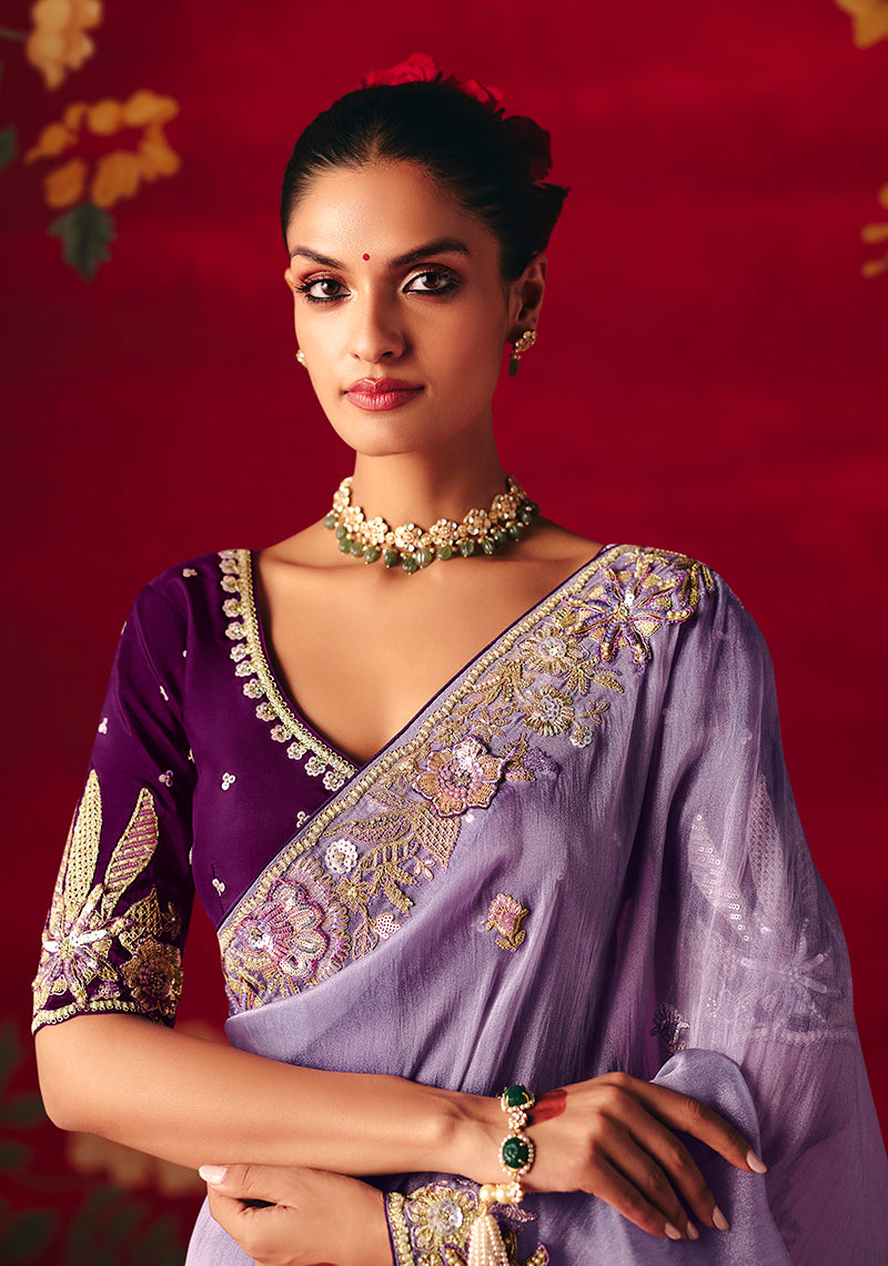 Monjolika Fashion Lavender Fancy Fabric Embroidered Thread Work Classic Saree | Grocsy