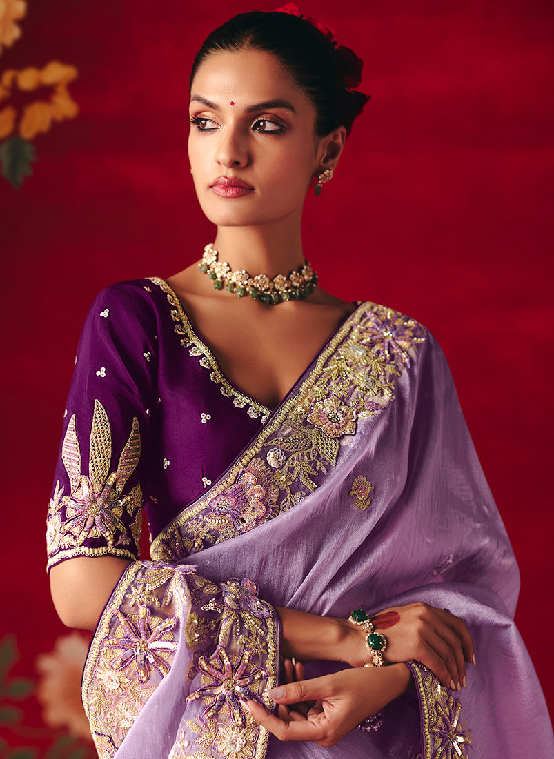 Monjolika Fashion Lavender Fancy Fabric Embroidered Thread Work Classic Saree | Grocsy