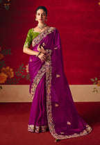 Monjolika Fashion Purple Fancy Fabric Embroidered Thread Work Classic Saree | Grocsy