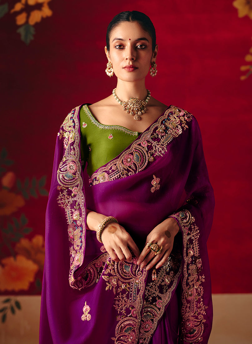 Monjolika Fashion Purple Fancy Fabric Embroidered Thread Work Classic Saree | Grocsy