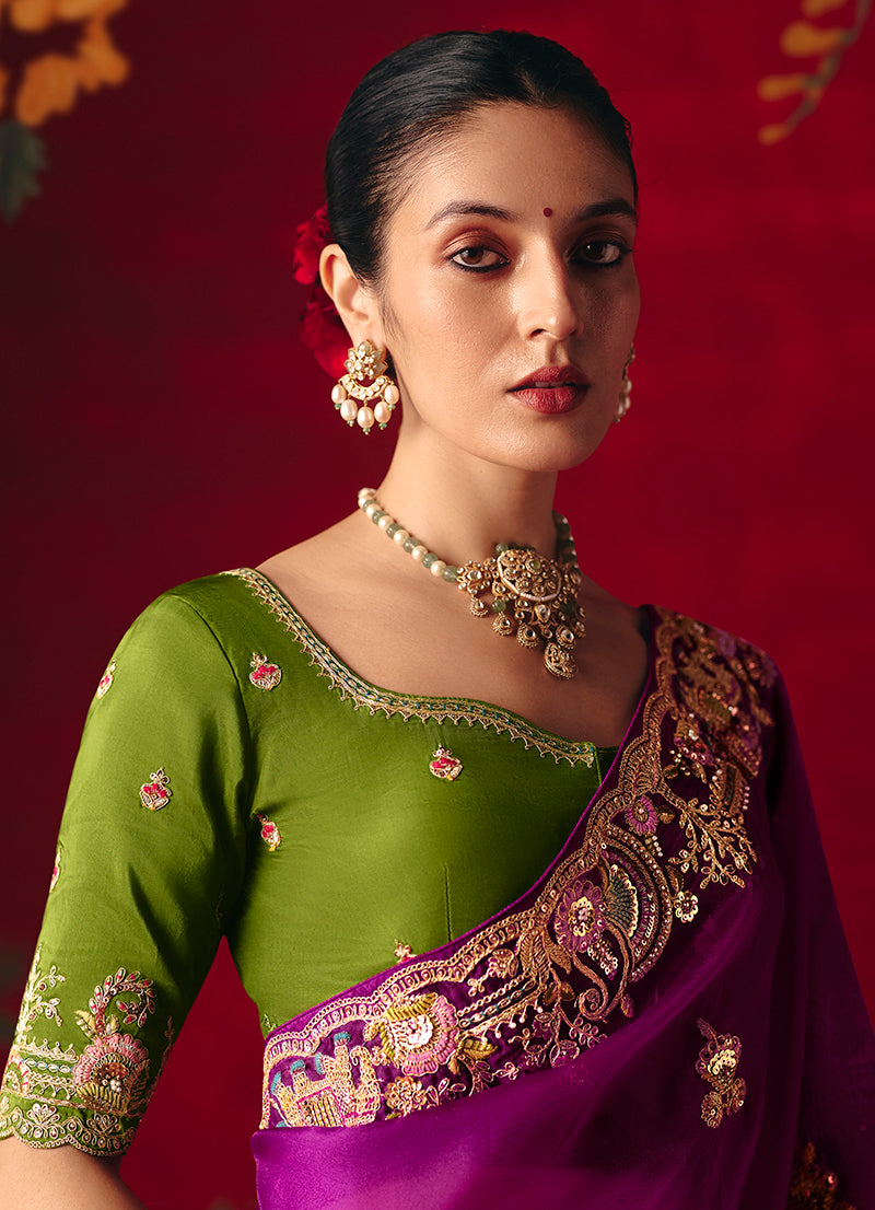 Monjolika Fashion Purple Fancy Fabric Embroidered Thread Work Classic Saree | Grocsy