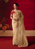Monjolika Fashion Beige Fancy Fabric Embroidered Thread Work Classic Saree | Grocsy