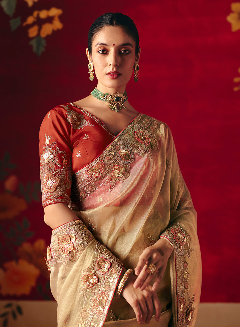 Monjolika Fashion Beige Fancy Fabric Embroidered Thread Work Classic Saree | Grocsy