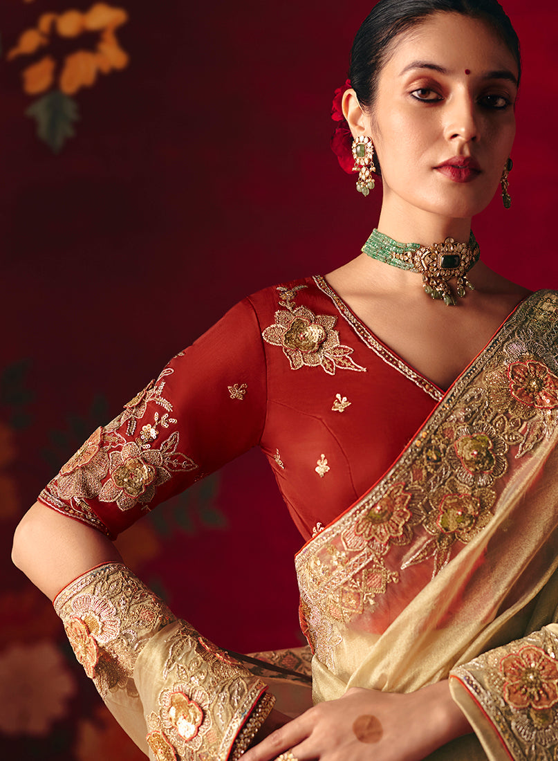 Monjolika Fashion Beige Fancy Fabric Embroidered Thread Work Classic Saree | Grocsy
