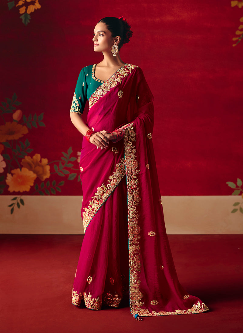 Monjolika Fashion Rani Pink Fancy Fabric Embroidered Thread Work Classic Saree | Grocsy