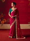 Monjolika Fashion Rani Pink Fancy Fabric Embroidered Thread Work Classic Saree | Grocsy